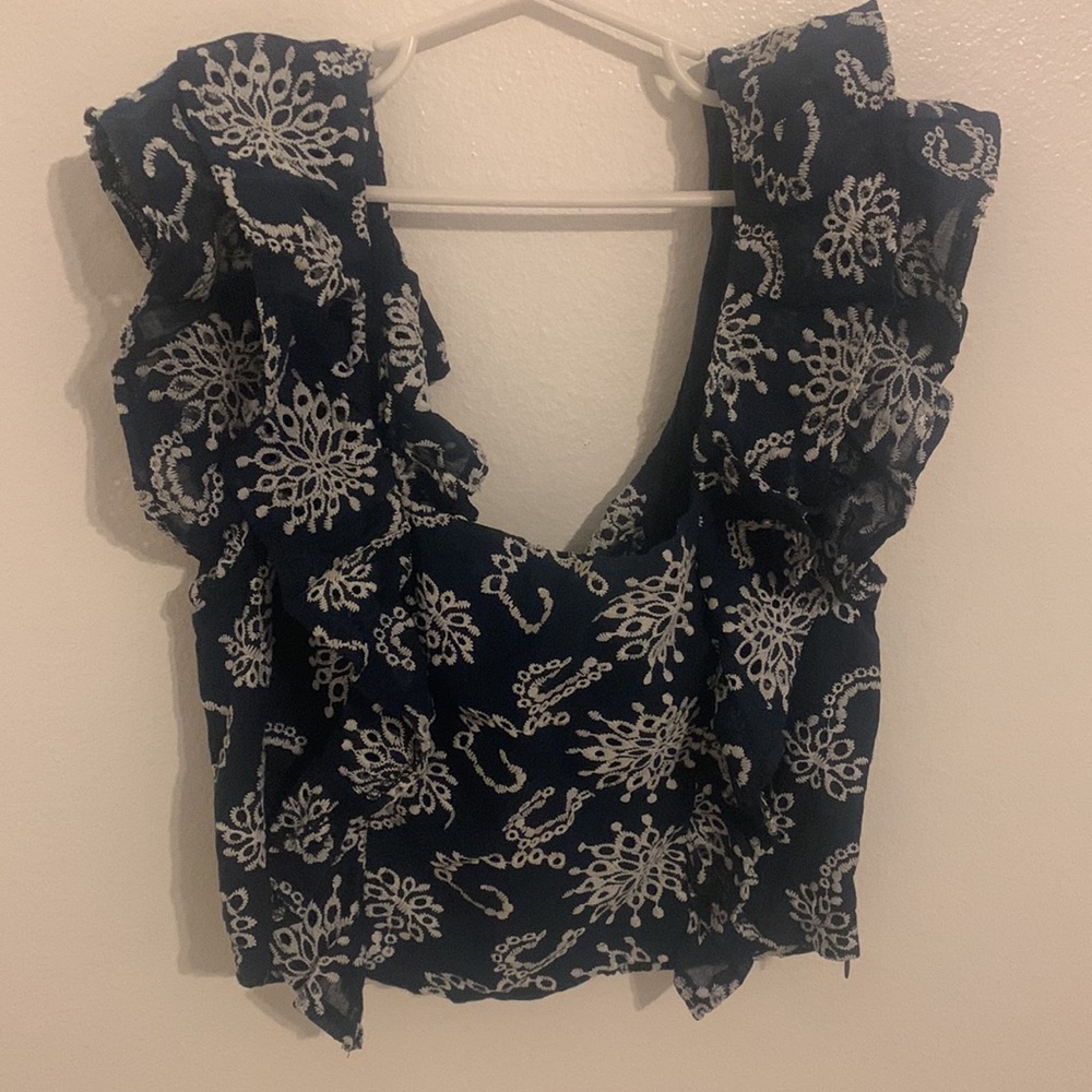Navy floral print DO + BE ruffle top
